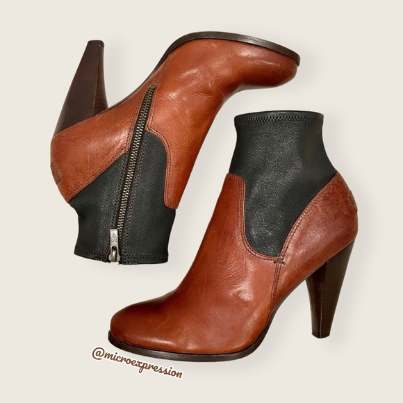 Frye Shoes - Frye Mikaela Cognac Black Leather Two Tone Zip Up Career Casual Ankle Bootie